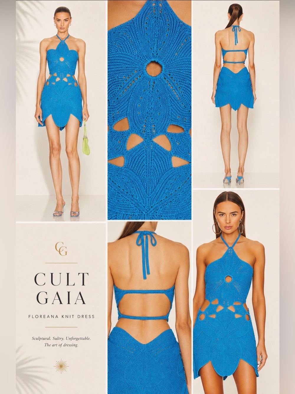 Cult Gaia Floreana mini  Blue Halter Cutout Crochet Mini Dress